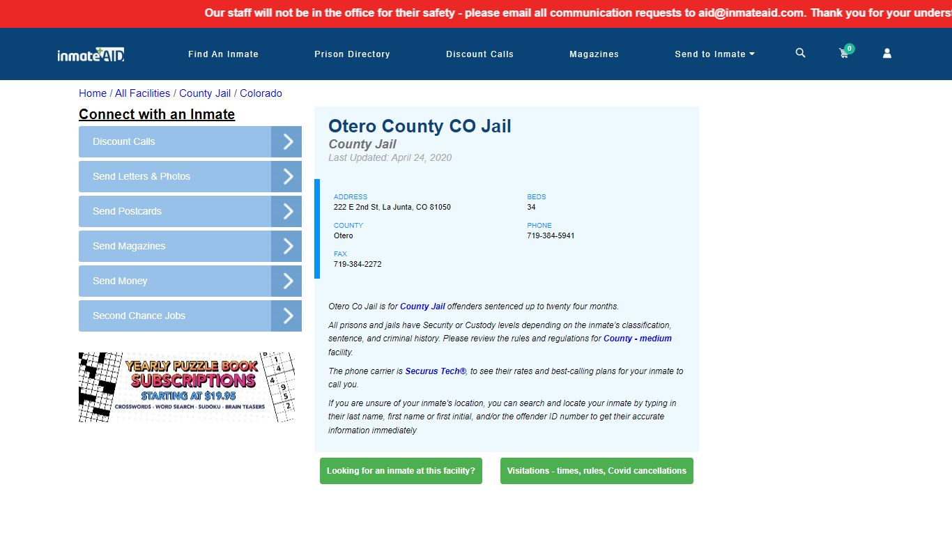 Otero County CO Jail - Inmate Locator - La Junta, CO